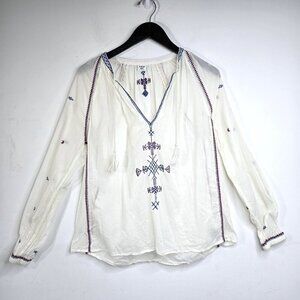 Aritzia Sunday Best White Blue Embroidered Navajo Tribal Long Sleeve Boho Top